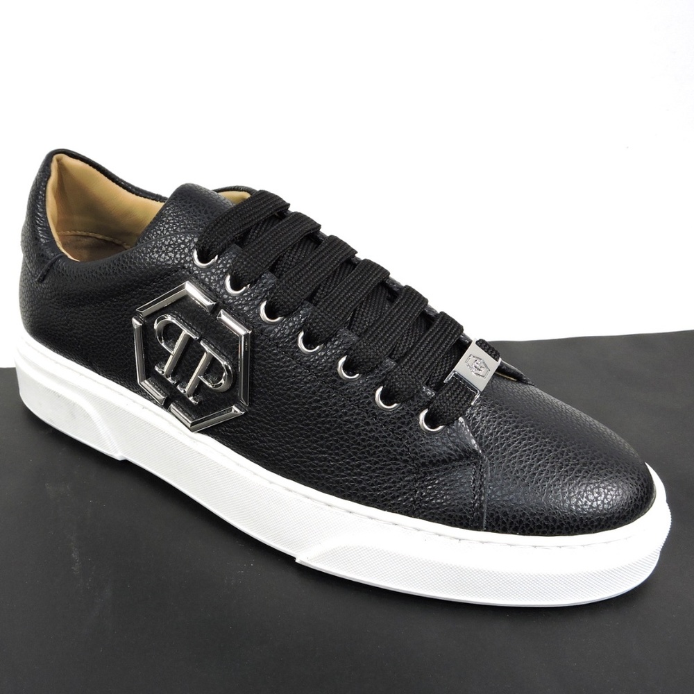 PHILIPP PLEIN 🇮🇹 MEN'S BLACK LEATHER COMFORT FASHION SNEAKERS